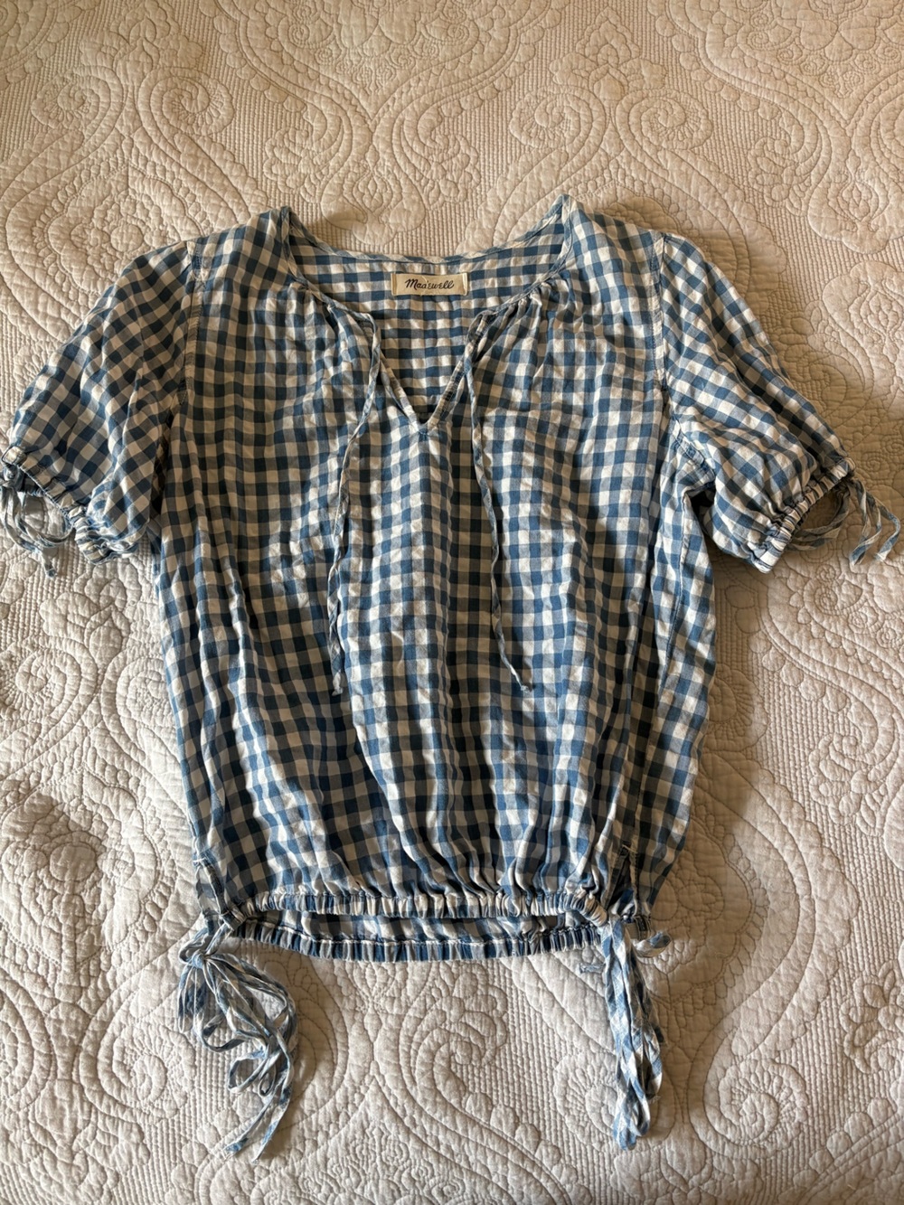Madewell Blue and White Gingham Peasant Blouse